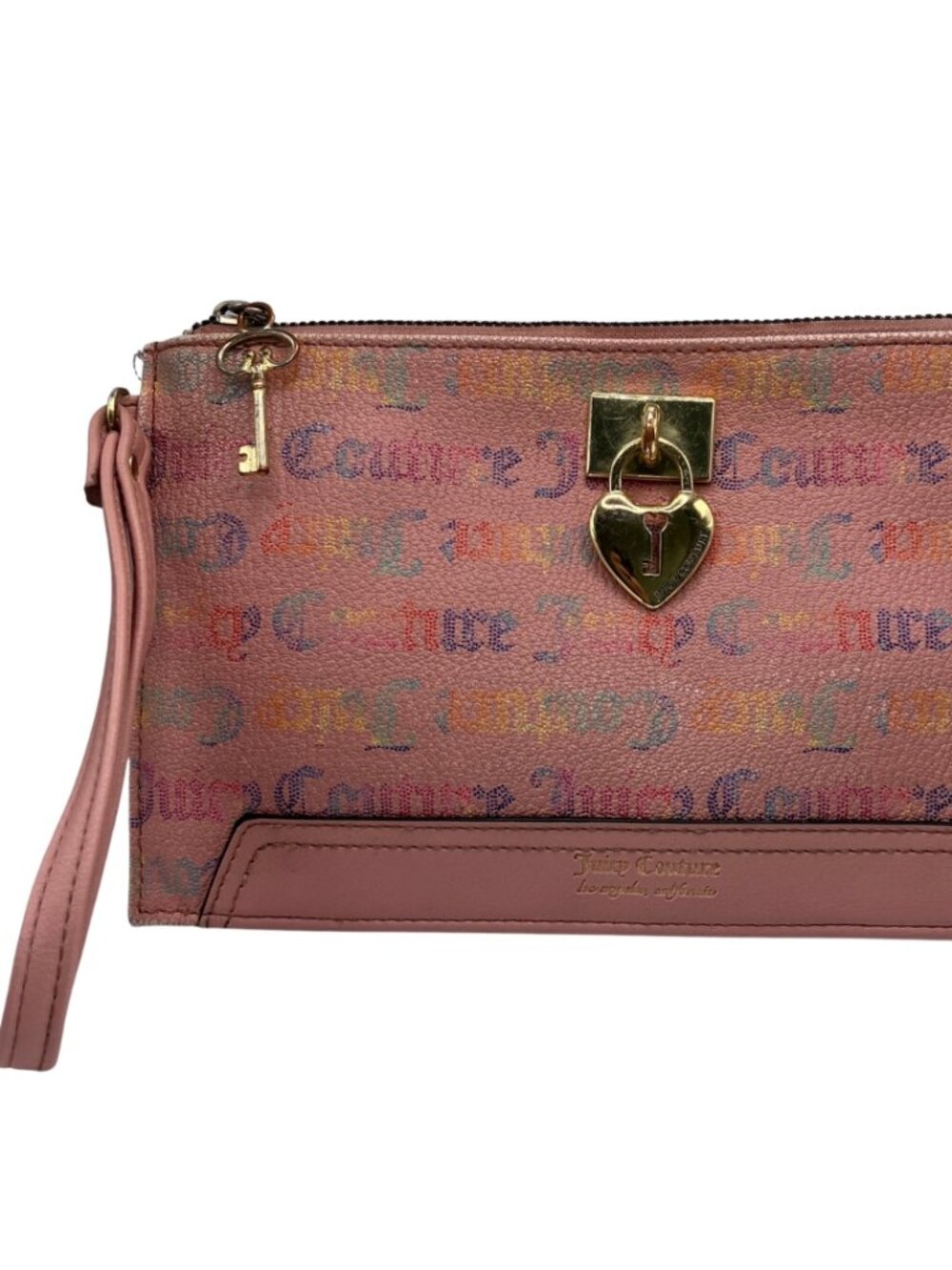 Juicy Couture Pink Monogram Print Wristlet Clutch Heart Padlock Distressed Y2K